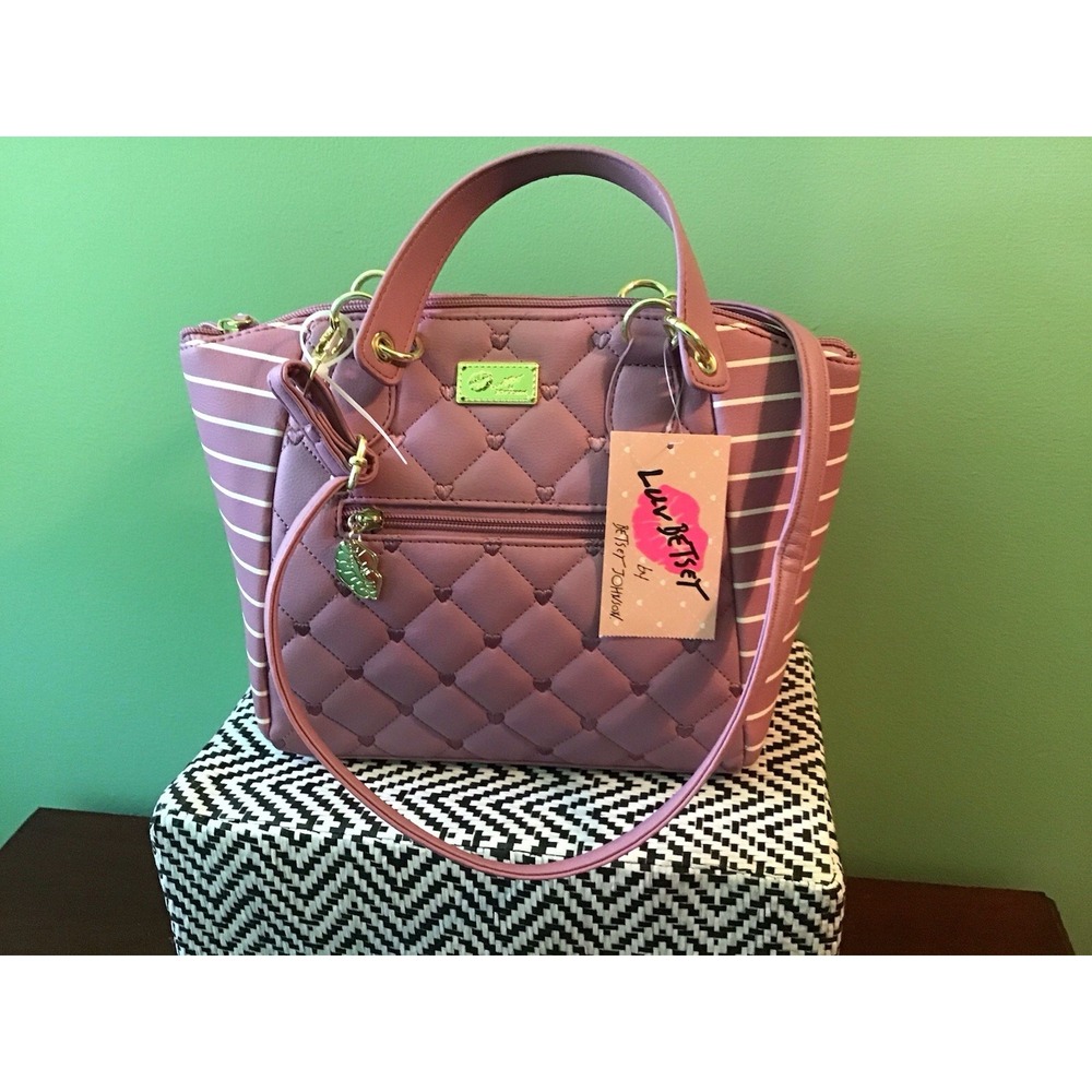 Betsey Johnson‎ Quilted Satchel Handbag Pink White Stripe Convertible Crossbody